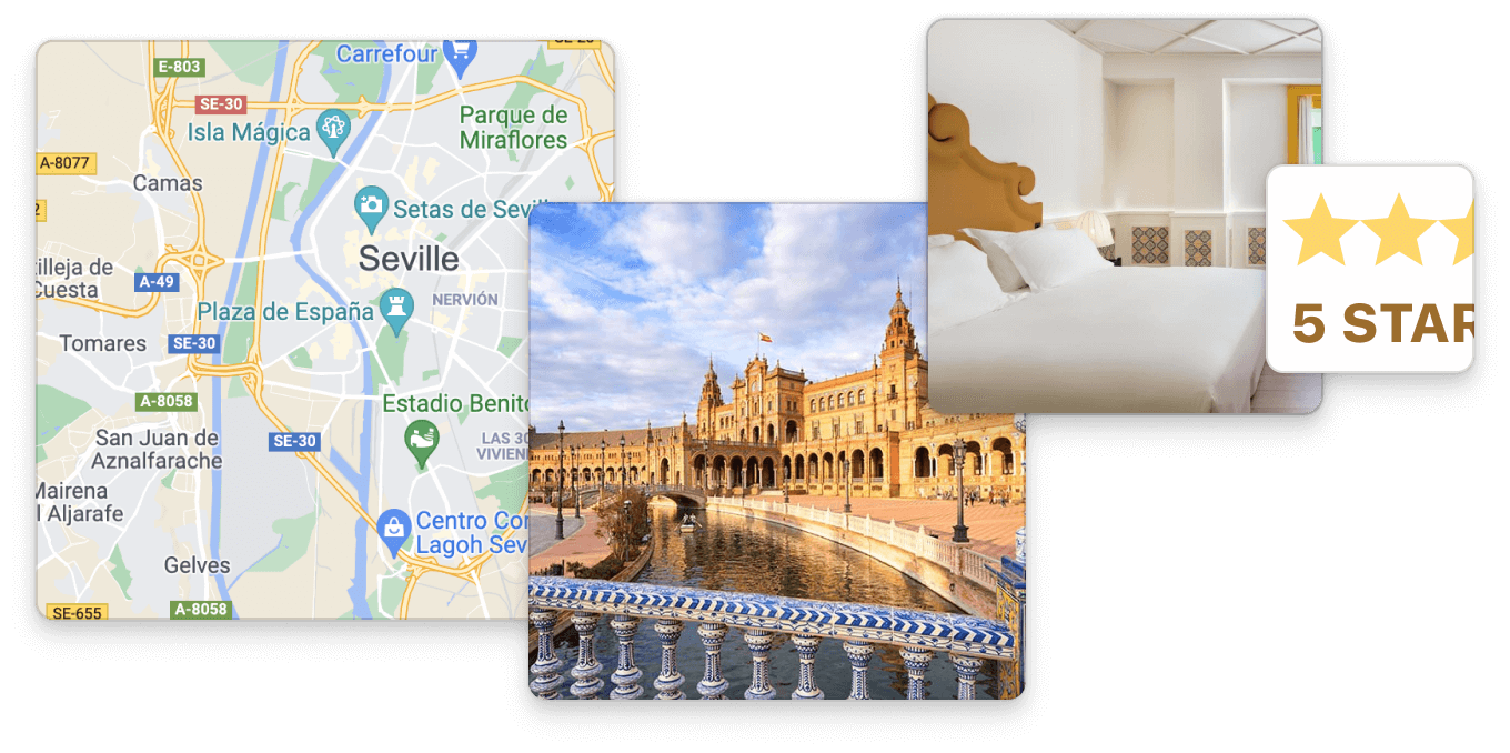 Booking.com destination and accommodation collage