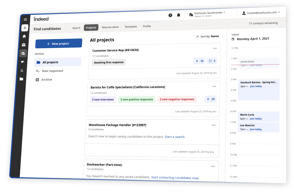 Indeed sourcing projects interface